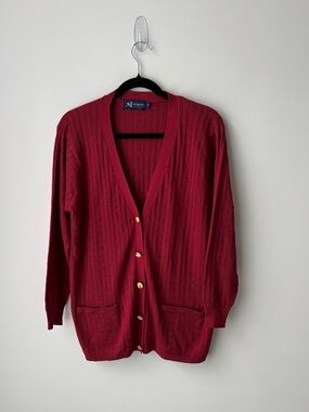 Vintage Dorfit 100% Silk Cardigan Red Cable Knit Button Front Sweater Size S